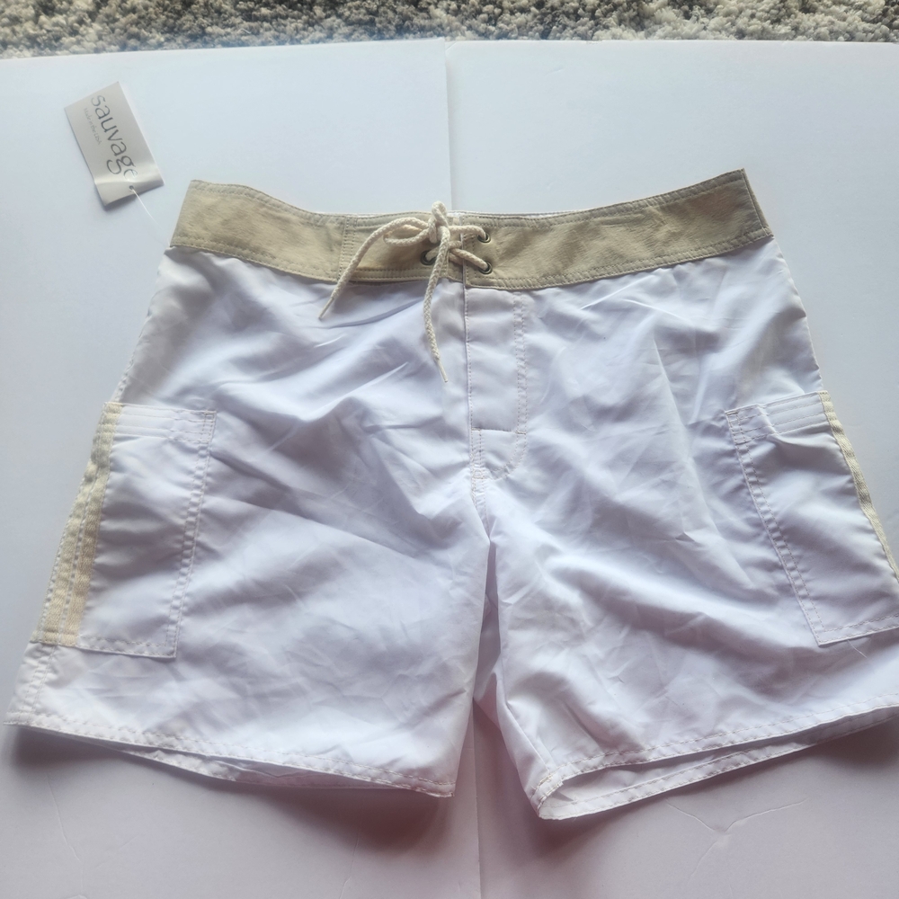 White and Khaki Board Shorts with Adjustable Waistband 16" Length